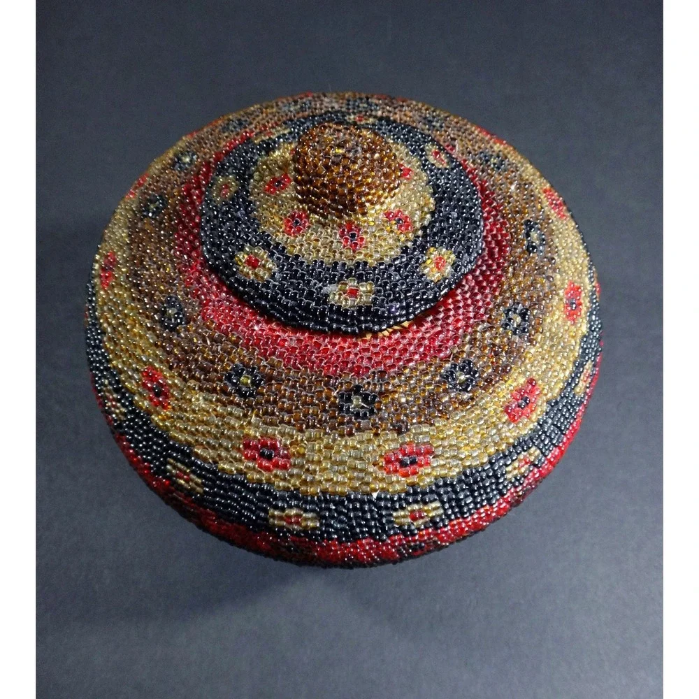 decorative folk art multicolor BEADWORK BASKET w Lid handcrafted Bali Indonesia
